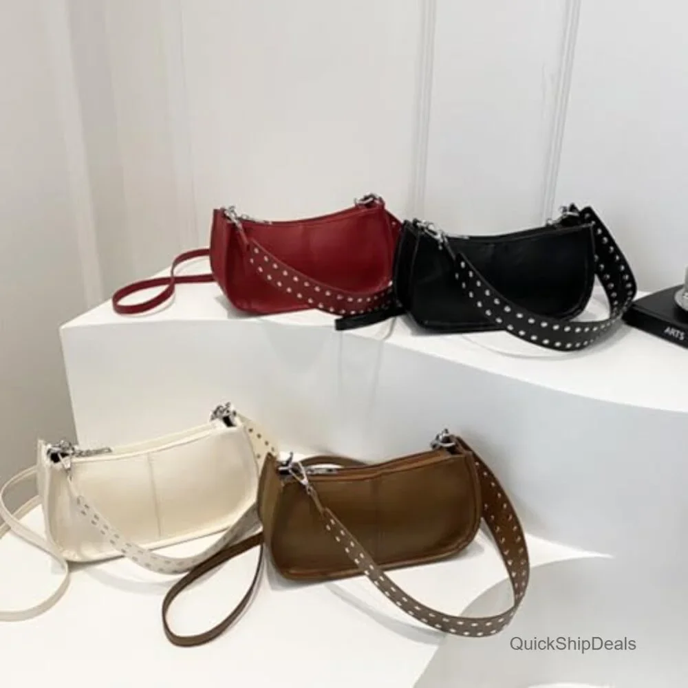 Y2K Studded Faux Leather Hobo Bag Adjustable Strap Crossbody Shoulder Purse - Picture 6 of 7